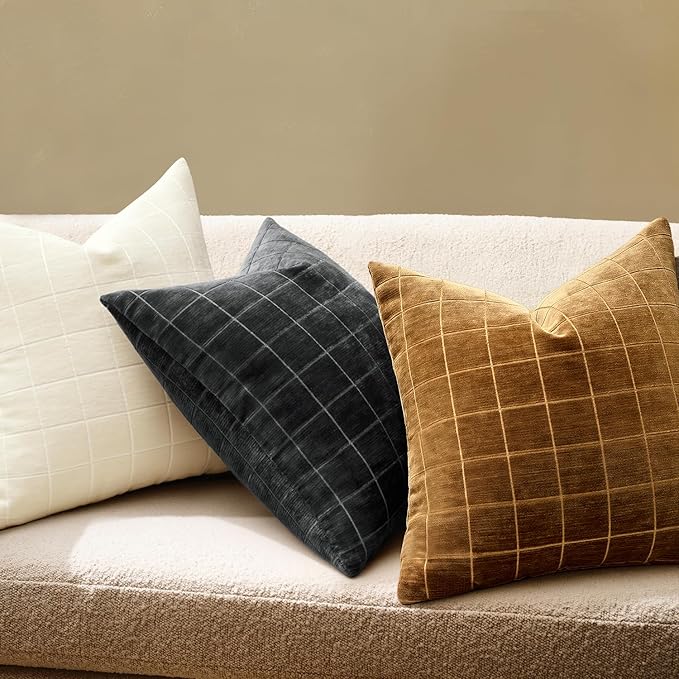 MIULEE Decorative Chenille Check Throw Pillow Covers Vintage Plaid Couch Pillows 18x18 Inch Set of 2 Neutral Boho Farmhouse Cushion Covers Modern Home Decor for Sofa Bed Living Room Black