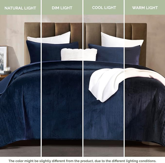 Elegant Comfort Luxury 3-Piece Velvet Corduroy Stripe Quilt Set, Ultra Soft Bedspread - Cozy Velvet Coverlet Set - 3PC Medium Weight Quilted Set with Matching Pillow Shams, Queen, Navy Blue
