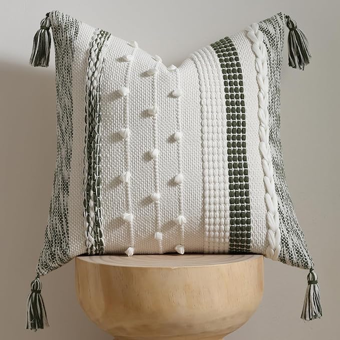 DEZENE Boho Pillow Cover 18x18 Olive Green - Handmade Woven Textured Throw Pillow Case with Cordings & Tassels, Decorative Accent for Couch Sofa Bed Farmhouse Living Room Bedroom Home Decor