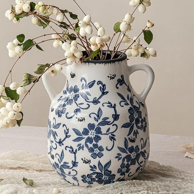 Blue and White Vintage Round Flower Vase with 2 Handles, Chinoiserie Floral Vase, Retro Ice Cracked Ceramic Large Vases for Home Decor, Living Room, Grand Millennial Chinoiserie Decor, 7.7 Inch