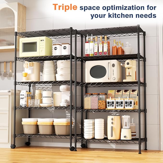 5-Tier Heavy Duty Wire Shelving Unit,35.4" Wx18 Dx71 H,Wire Shelf Racks with Wheels,Height Adjustable Storage Metal Shelves for Kitchen,Garage,Office,Living Room,Pantry,Black