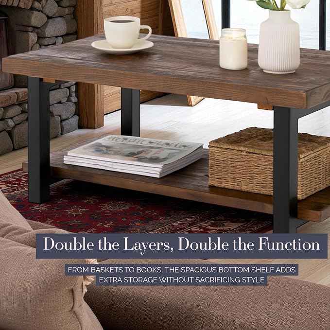 Alaterre Furniture Pomona Solid Wood Coffee Table, Rustic Brown, 48” | Large Rectangular Center Table with Storage Shelf and Metal Legs, Rustic Industrial Farmhouse Living Room Table