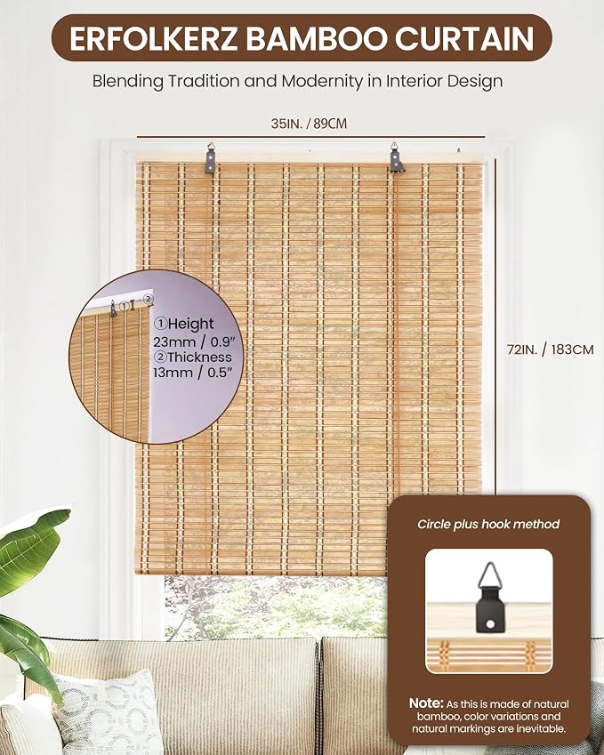 35" Wx72 H Bamboo Blinds Roller Shades for Indoor Windows, Blackout Bamboo Curtain Roll Up wiht Cord, Privacy Roman Shade for Interior/Exterior Windows, Mounting Hardware Included
