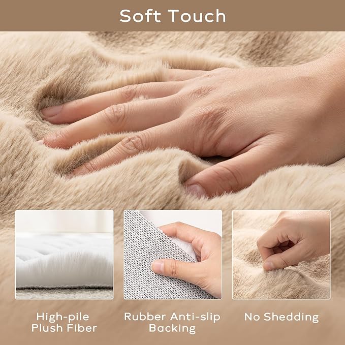 Ashler Faux Rabbit Fur Rug, Beige 4x6 FT Fluffy Soft Area Rugs, Rectangle Fuzzy Carpet for Living Room, Bedroom, Machine Washable - 3D Bubble Rug