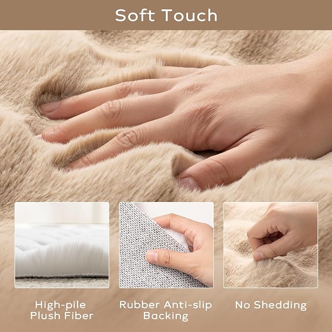 Ashler Faux Rabbit Fur Rug, Beige 5x7 FT Fluffy Soft Area Mat, Rectangle Fuzzy Carpet for Living Room, Bedroom, Machine Washable - 3D Bubble Mat