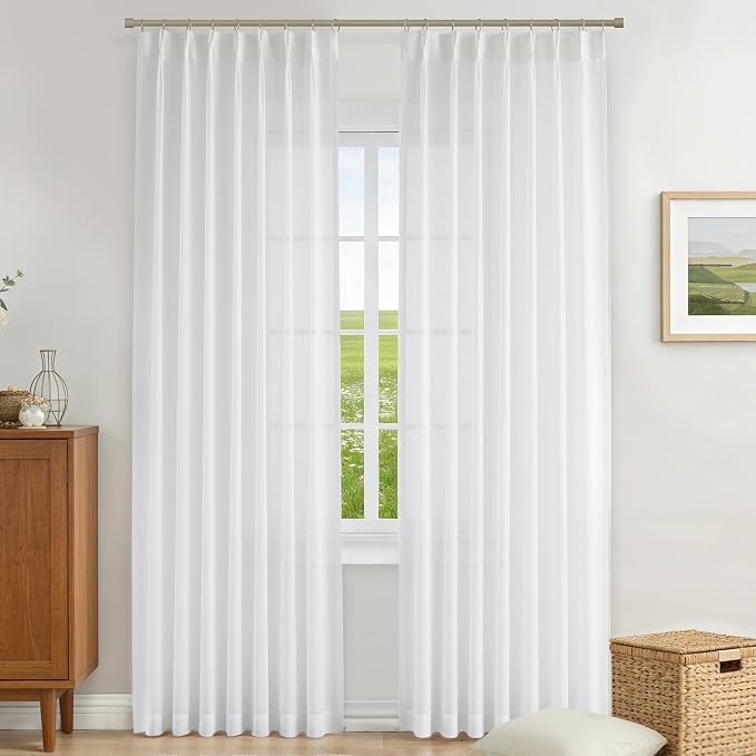 Vision Home White Pinch Pleated Sheer Curtains 108 inches Soft Cotton Feel Farmhouse Rustic Light Filtering Drapes,Window Treatment Panels with Hooks & Back Tab for Living Room Bedroom, 40" Wx108 Lx2