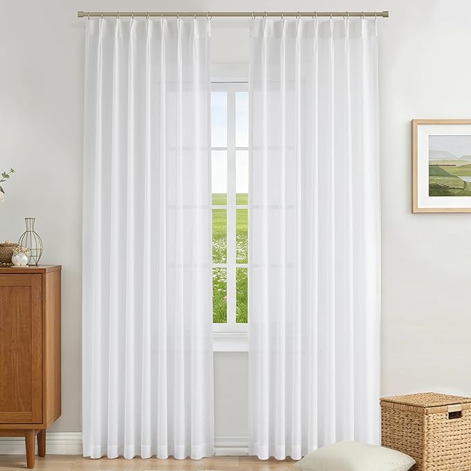 Vision Home White Pinch Pleated Sheer Curtains 90 Inches Soft Linen Textured Modern Rustic Light Filtering Drapes,Window Treatment Panels with Hooks & Back Tab for Living Room Bedroom, 40" Wx90 Lx2