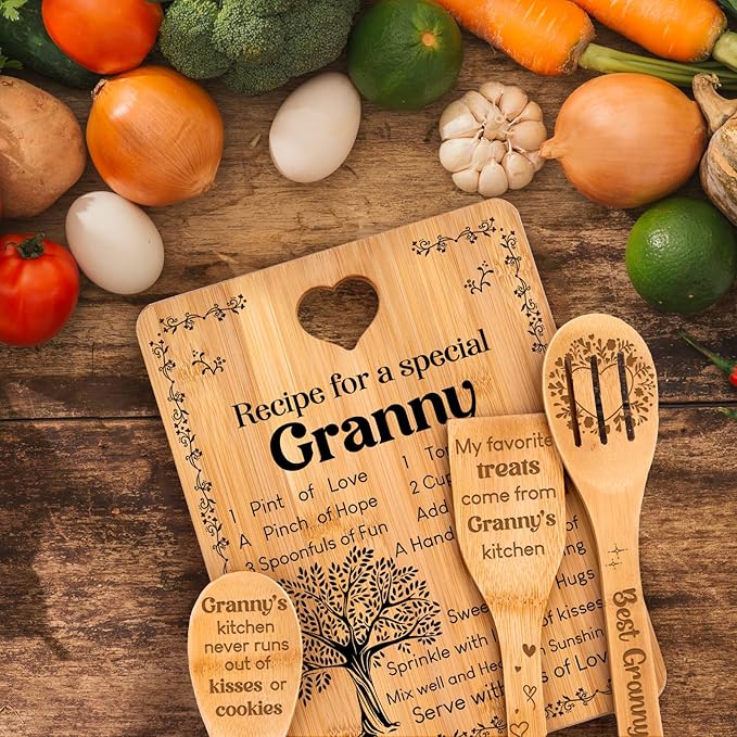 Granny Gifts - "Recipe for a Special Granny" Gifts for Granny Cutting Board Set, Bamboo-Made Engraved Utensil Set Granny Birthday Gifts from Grandchildren, Mothers Day Gifts for Granny.