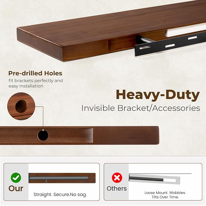 72 inch Floating Shelves for Wall, High End Solid Real Wood Floating Shelf with Heavy Duty Invisible Bracket 72in Long Wooden Wall Shelves for Living Room, Bedroom, Kitchen, Bathroom, Set of 1, Walnut