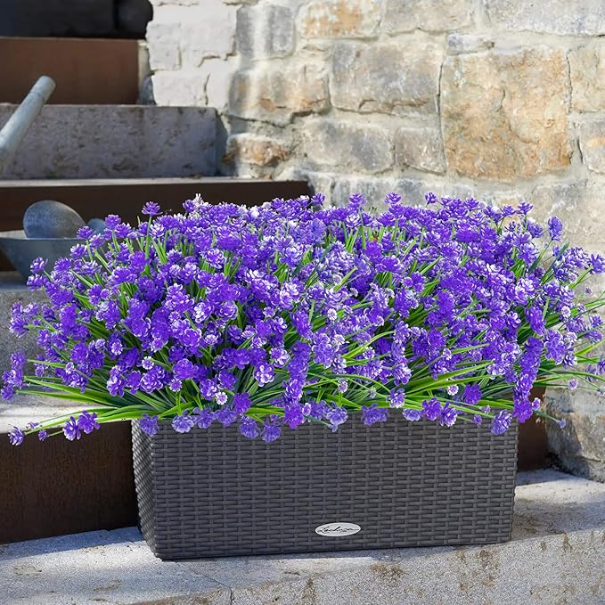 Ouddy Decor 12 Bundles Artificial Flowers for Outdoors UV Resistant Fake Plastic Plants Faux Greenery Stems for Spring Summer Indoor Garden Patio Window Box Kitchen Home Decor, Purple