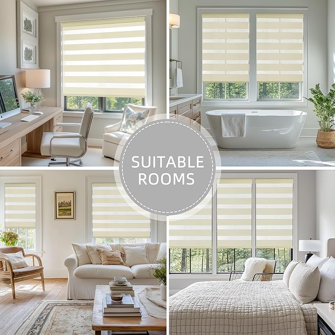 ChrisDowa Cordless Zebra Blinds for Windows, Dual Layer Free-Stop Light Filtering Window Roller Shades, Pull Down Privacy Zebra Shades for Home, Office, Bedroom, Door (60" W x 72" H, Beige)