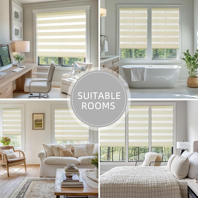 ChrisDowa Cordless Zebra Blinds for Windows, Dual Layer Free-Stop Light Filtering Window Roller Shades, Pull Down Privacy Zebra Shades for Home, Office, Bedroom, Door (55" W x 72" H, Beige)