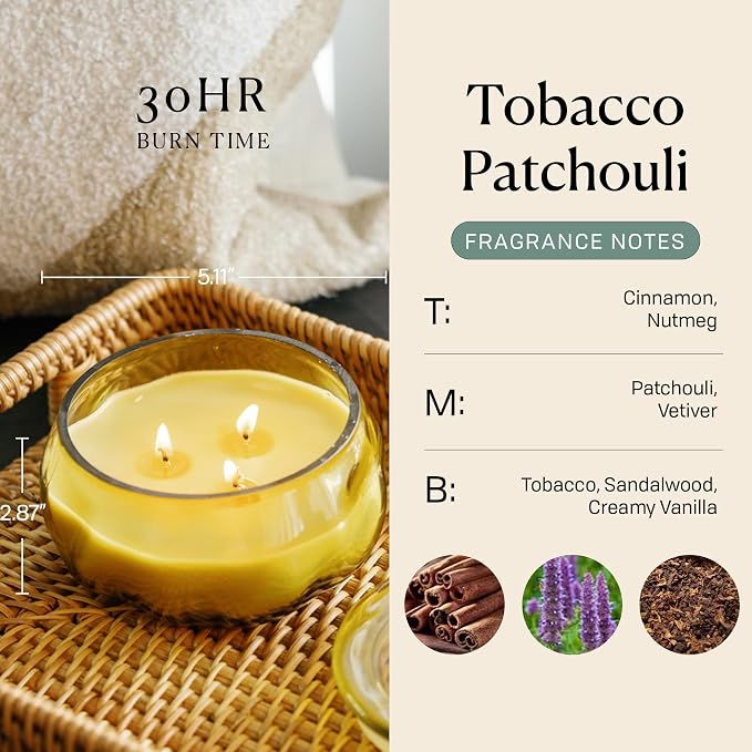 Paddywax Basalt Collection Scented Candle, Soy Wax Blend Glass Jar with Lid, Reusable Home Décor Candle, 10 oz, Yellow Vessel, Tobacco Patchouli