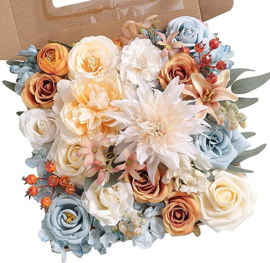 rongflower Artificial Flowers Combo Fake Silk Flowers Fall Bouquets for DIY Wedding Bouquets Centerpieces Party Baby Shower Home Decorations (Blue White)
