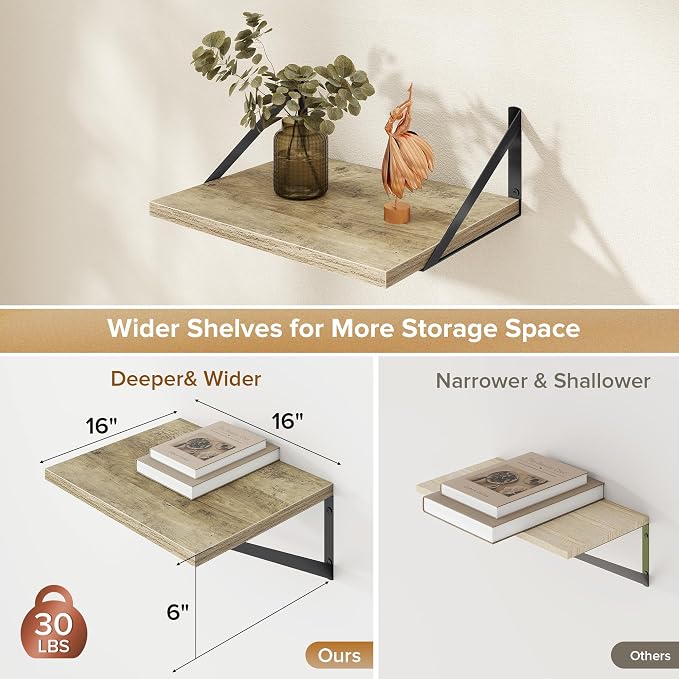Acovy Deep Floating Shelves Wall Mounted, 16"x12" Gray Wall Shelves with Brackets Set of 2 for Bedroom, Living Room, Bathroom, Kitchen, Office - Storage & Display Shelf for Decor, Books, Plants
