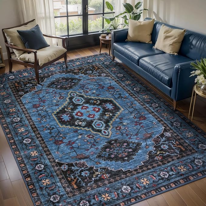 Tangsoo Blue 3x5 Area Rugs, Oriental Washable Rug Non Slip Indoor Accent Rug, Vintage Print Carpet, Soft Low Pile Throw Rugs for Living Room Dining Bedroom Bedside Entryway