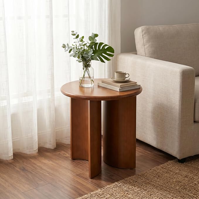 Christopher Knight Home Vines Modern Round Side Table, Living Room Sofa End Table, Small Coffee Table with Fan-Shaped Legs, Walnut