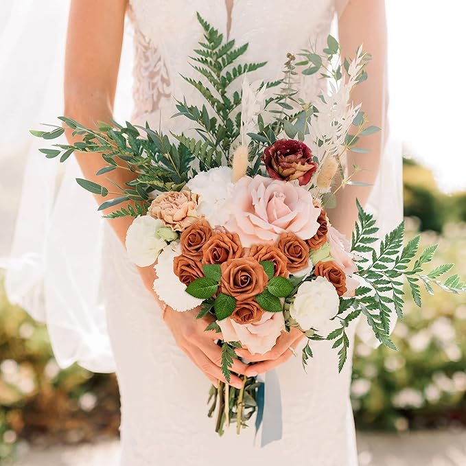 Mocoosy 50Pcs Burnt Orange Flowers Artificial Rose, Rust Fake Rose for Decoration, Real Touch Terracotta Foam Roses with Stems Wedding Bridal Shower Mother's Day Floral Arrangement Party Home Decor