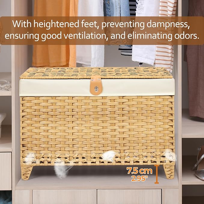 Honjourai Wicker Storage Basket with Lid,Rattan Shelf Basket with Removable Liner Bag,200L Storage Bin,Storage Trunk with Heightened Feet,Storage Container for Wardrobe,Home Organizer