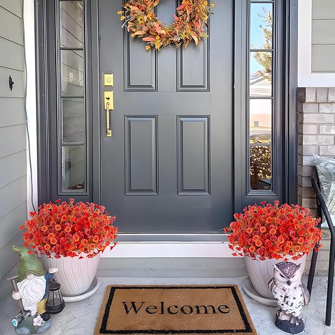 Hrobek Fall Artificial Flowers for Decoration, 12 Bundles Fake Mums Autumn Flower Plants Petunias, Faux Silk Morning Glory Eucalyptus for Planter Garden Porch Front Door Window Box, Orange Red