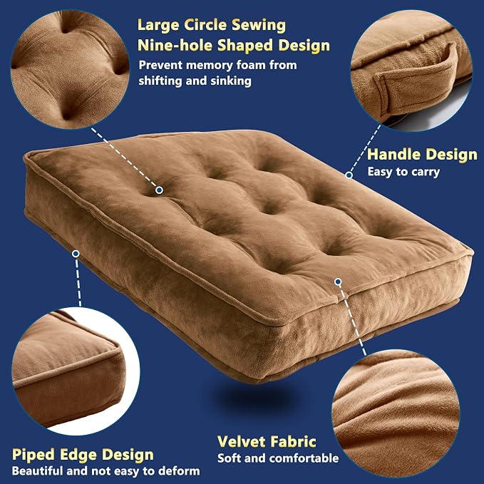 1 MIDDLE ONE Floor Pillow Set of 4, Memory Foam Meditation Cushion, Floor Cushions for Adults Sitting, Large Square Seat Cushions for Yoga, Living Room, 20x20 Inch (Brown)