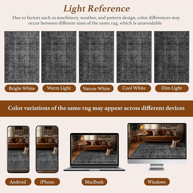 LIANLAM 8x10 Washable Area Rug, Vintage Boho Traditional Pattern, Non-Slip Stain Resistant Rug for Living Room Bedroom(8x10,Black/Boho)