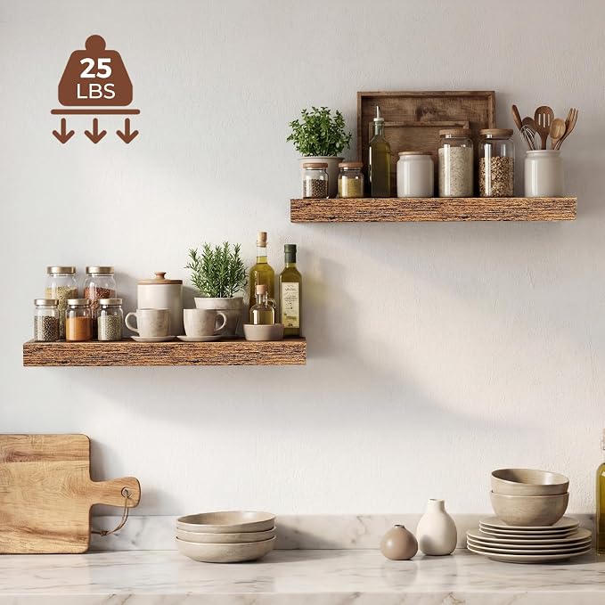 Dreamland 20 Inches Floating Shelves for Wall,9.3" Deep Long Floating Shelves Set of 2,Large Display & Storage Shelf,Wall Shelf for Bathroom Bedroom Living Room Kitchen Office,Rustic Brown
