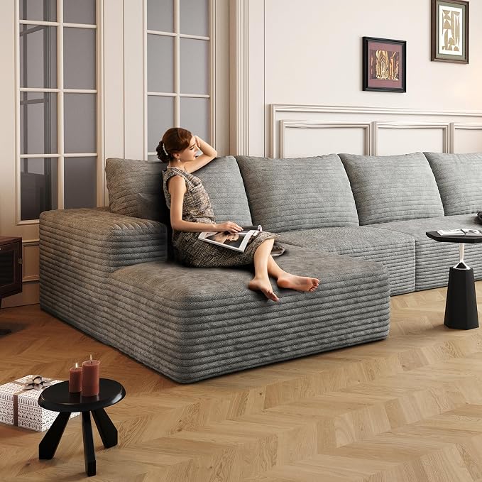 135" Corduroy Couch Sectional with Chaise, L Shape Boneless Cloud Couches for Living Room Bedroom, Modular Corner Couch, Fluffy Deep Seat Compression Sofa, Left Facing Chaise, No Assembly, Grey