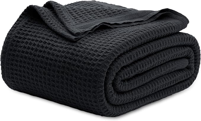 Bedsure 100% Cotton Blanket Full Size for Bed - Breathable and Soft for Summer, Thick Cozy Waffle Weave Blanket Gifts for Women, Black, 80x90 Inches