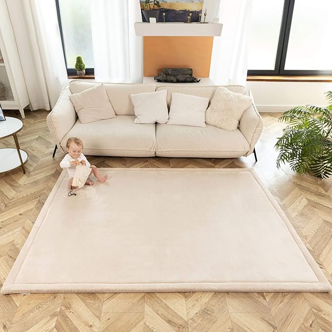 Hakuna Matte CloudSoft Mat for Floor 60" x 80" Beige – Coral Velvet Memory Foam Rug – Non-Slip, Water-Resistant
