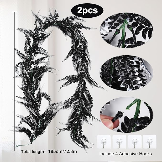 RECUTMS 2pcs Black Garland Artificial Boston Palnts 6 FT Fern Garland Faux Hanging Greenery Halloween Wreath for Outdoor Indoor Halloween Decor (Black+White)