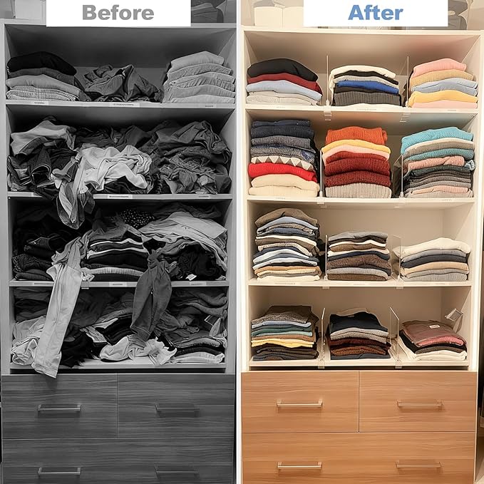 Purse Organizer for Closet Shelf Dividers: 11-inch Tall(Higher Version) Adjustable Clear Acrylic Bag Storage Organizer for Handbags, Sweaters, Towels, Jeans and Shoes on Wood Shelves 6-Pack