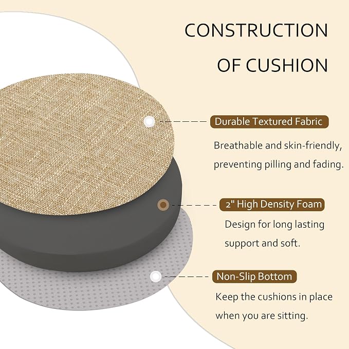 ELFJOY Round Chair Cushions for Dining Chairs Non Slip High-Resilience Foam Chair Pads 2" Thick Seat Cushions for Kitchen Chairs Set of 2 16" Beige