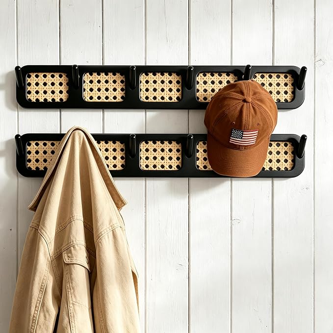Coat Rack Wall Mount, Rattan Coat Hooks Hanger Wall Mounted | 6 Heavy Duty Bamboo Hooks Rack Rail for entryway Hanging Clothes Hats Bags Jackets Towels Plants,Natural