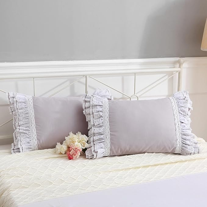 Gray Pillow Shams with Lace Ruffles Shabby Chic Cotton Queen Size Grey Pillowcases 20 x 30 2-Pack