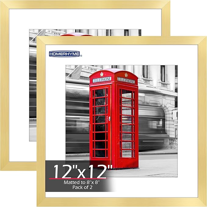 12x12 Picture Frame 2 Pack, Gold Photo Frames Collage for Wall Hanging, 12 x 12 Square Wall Gallery Poster Frame with Clear Plexiglass, Display Pictures 8x8 with Mat or 12x12 Without