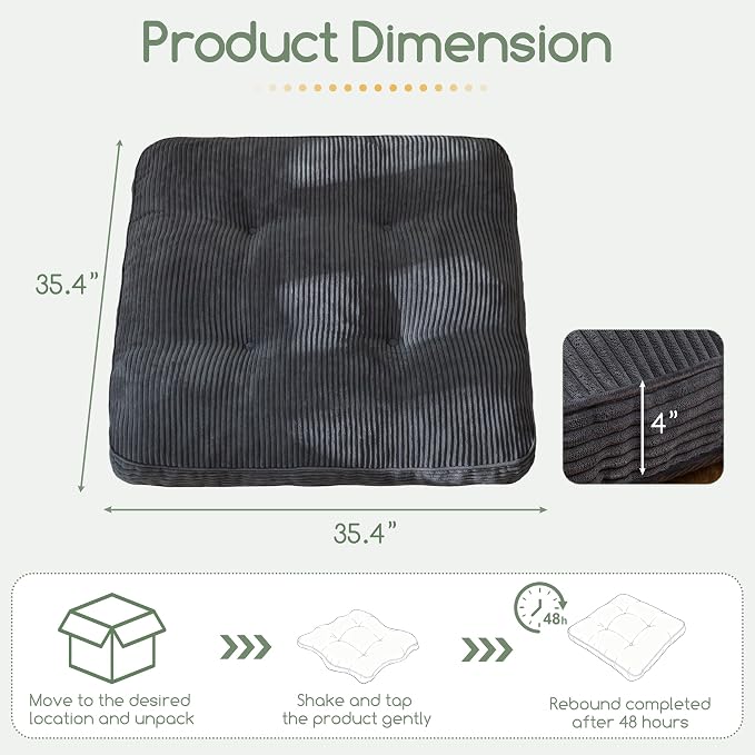 HIGOGOGO 35" Floor Pillow Cushion for Adults, Meditation Cushion Pillow, Extra Large Square Floor Sitting, Tufted Corduroy Cover for Tatami Living Room or Yoga, Dark Grey