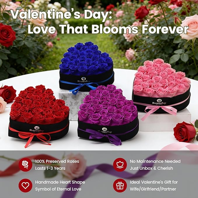 Valentines Day Flowers Roses Gifts for Her,28pcs Red Forever Preserved Roses in Heart Shape Gift Box,Valentines Day Delivery Prime Gifts-Roses Gifts for Women,Mom.