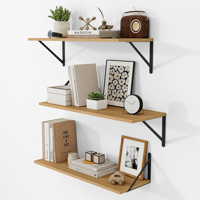 Vivelove 8 Inch Deep Floating Shelves for Wall, 24W x 8D Wood Wall Shelves Set of 3, Rustic Oak Wide Floating Bookshelf for Living Room, Kitchen, Office, Bedroom, with Black Metal Bracke - Oak