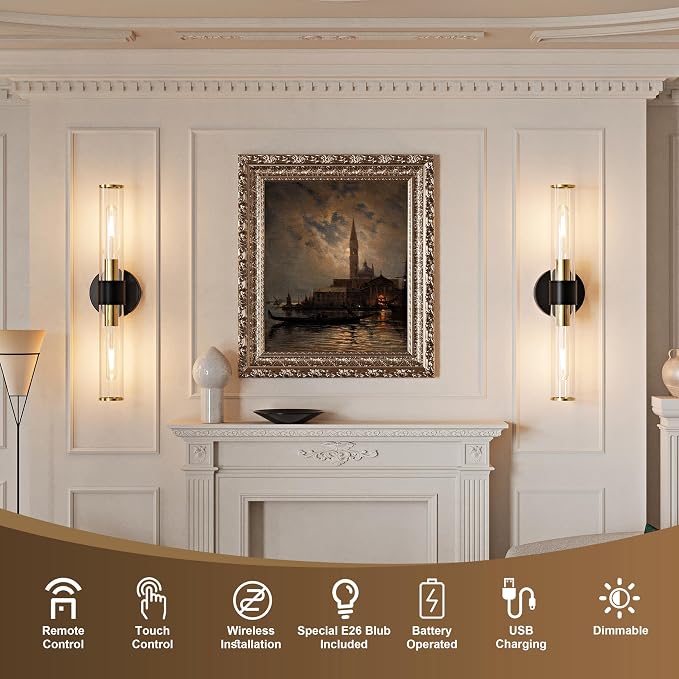 10000mAh Battery Operated Wall Sconces Set of 2, Black Gold Dimmable Rechargeable Wall Sconce with Remote, 20 Inch Wireless Warm Glass Wall Light for Bedroom Living Room Entryway (Bulbs Included)