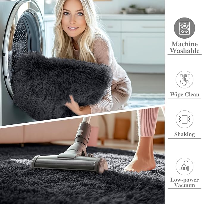 OLANLY 2x2 Machine Washable Small Rug, Soft Fluffy Shaggy Throw Rug for Bedroom, Entryway, Indoor Floor Carpet for Kids, Nursery, Home Decor, Black