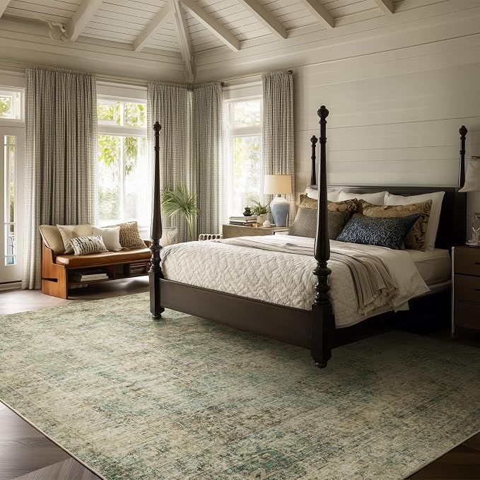 Machine Washable Rugs for Living Room: 9x12 Area Rugs for Bedroom Ultra Soft Non-Slip Low Pile Vintage Distress Boho Large Carpet for High-Traffic Dining Room - Farmhouse Decor