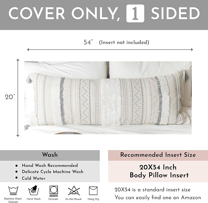 BlissBlush 20X54 Oversized Large Lumbar Pillow Cover for Bed, Rectangular Long Decorative Throw Pillowcase, Cotton Boho Accent Cushion with Gray Tufted Pattern and Tassels, Cream Neutral (Cover Only)