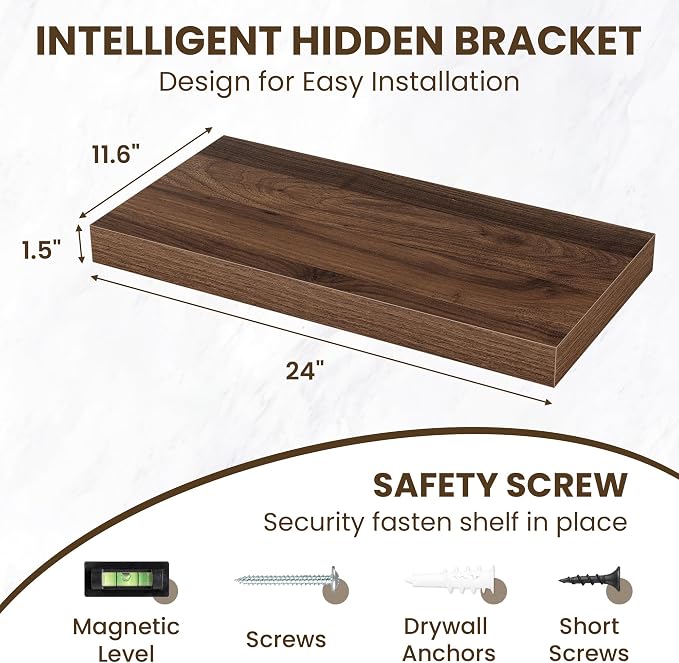Acovy 24 Inch Floating Shelves for Wall,12" Deep Floating Shelf Set of 2 with Invisible Brackets,Rustic Farmhouse Wall Mounted Shelf for Kitchen,Bathroom,Living Room,Bed Room,Walnut