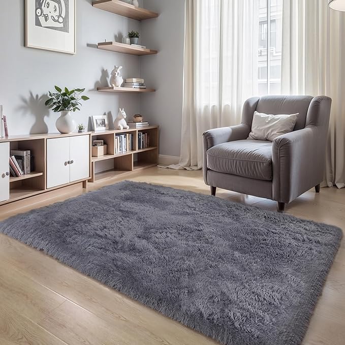 KICHOWUA Thick Area Rug Grey Fluffy Shag 3x5 for Bedroom, Ultra Soft Plush Fuzzy Washable Throw Carpet, Modern Non Slip Cozy Furry Shaggy Rug for Living Room Kids Baby Nursery College Dorm