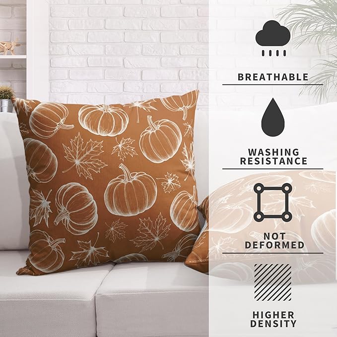 Fall Pillow Covers 20x20 Set of 2 Burnt Orange Pumpkin Maple Leaves Throw Pillow Covers Autumn Harvest Pillowcase Thanksgiving Cushion Case for Home Decor Patio Outdoor Sofa