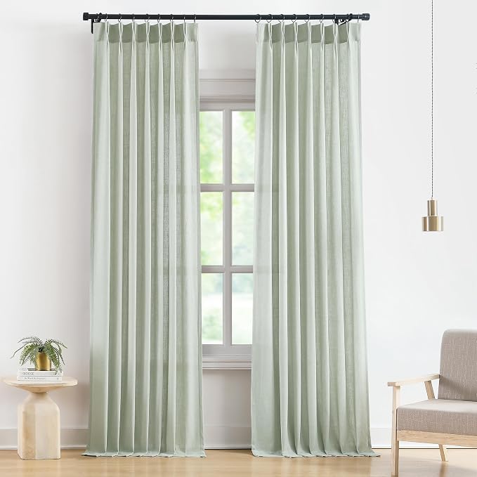 Vision Home Soft Green Pinch Pleated Semi Sheer Curtains Textured Linen Blended Light Filtering Window Curtains 120 inch for Living Room Bedroom Pinch Pleat Drapes with Hooks 10ft 2 Panels 40"Wx120"L