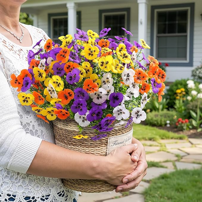 Alupssuc 24 Bundles Artificial Flowers for Outdoors, Fake Spring Flowers for Decoration, UV Resistant Realistic Pansies with Eucalyptus Silk Faux Flowers for Porch Yard, Purple Yellow White Orange