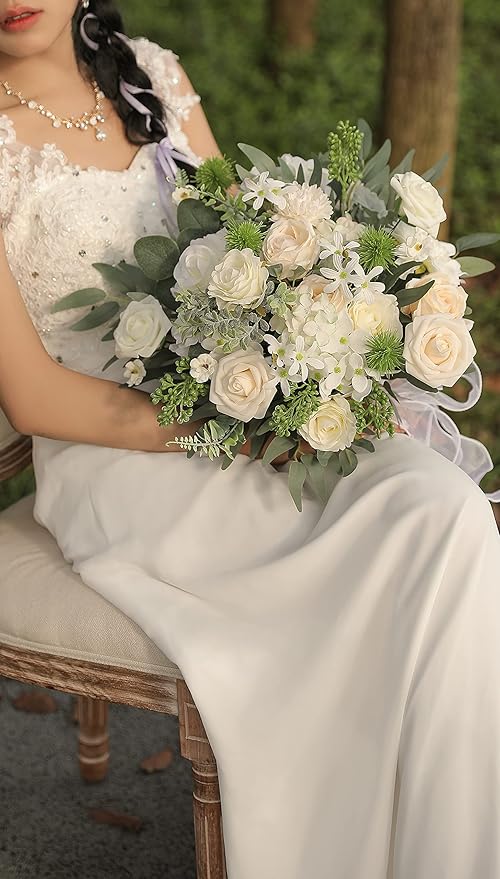 rongflower Artificial Flowers Combo Silk Mix Fake Flowers Leaf for DIY Wedding Bouquets Centerpieces Arrangements Party Baby Shower Home Decorations(Milk White)