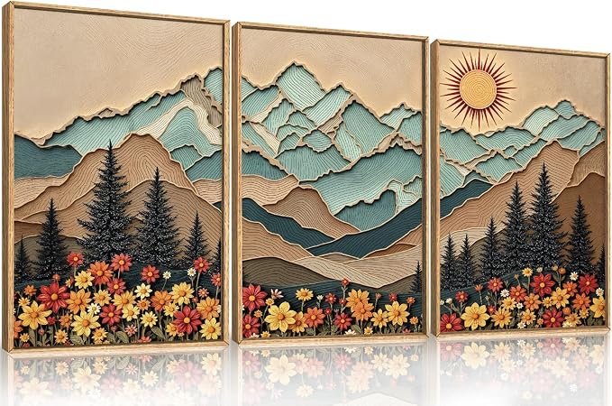 DRACIT Large Boho Wood Grain Mountain Framed Canvas Wall Art Set,Vintage Sunrise Forest Floral Wall Decor,Rustic Natural Wilderness Art Printing for Living Room,Bedroom,Office-24 x36 x3